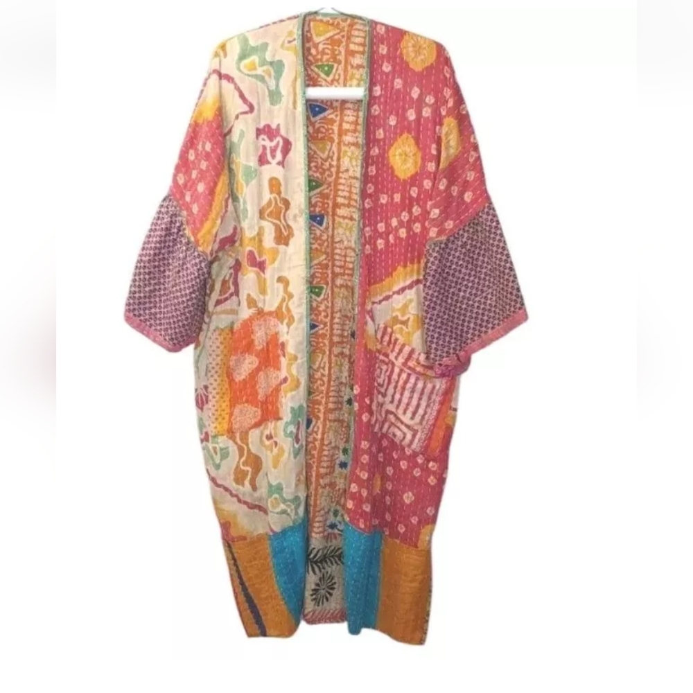 Kantha Patchwork Kimono Jacket Reversible Colorful Boho Patch Pockets O/S #C